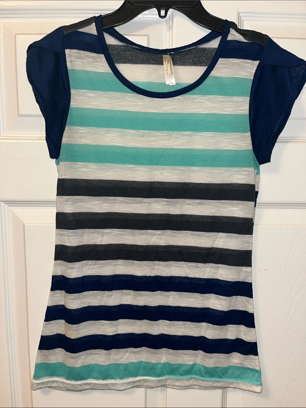 Striped Short Sleeve Tee in Navy, Teal & White - Women's